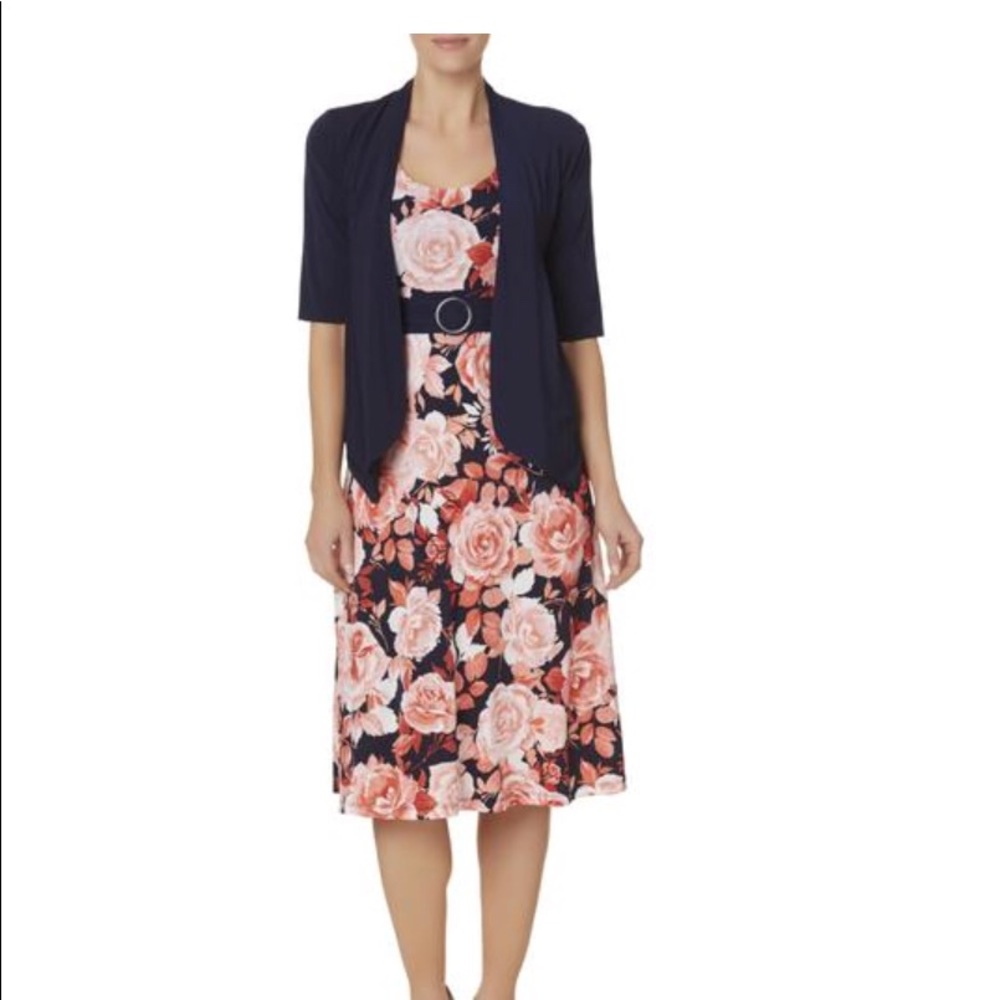 R&K missy polka dot navy/white dress & shrug set